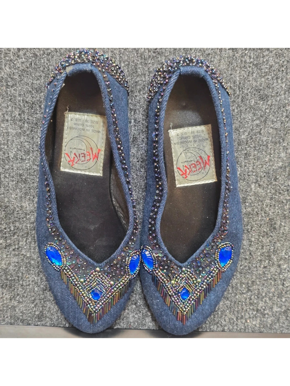Vintage Meeka Y2K Beaded Denim Ballet Flats Size 7  Boho Indie Trash Statement